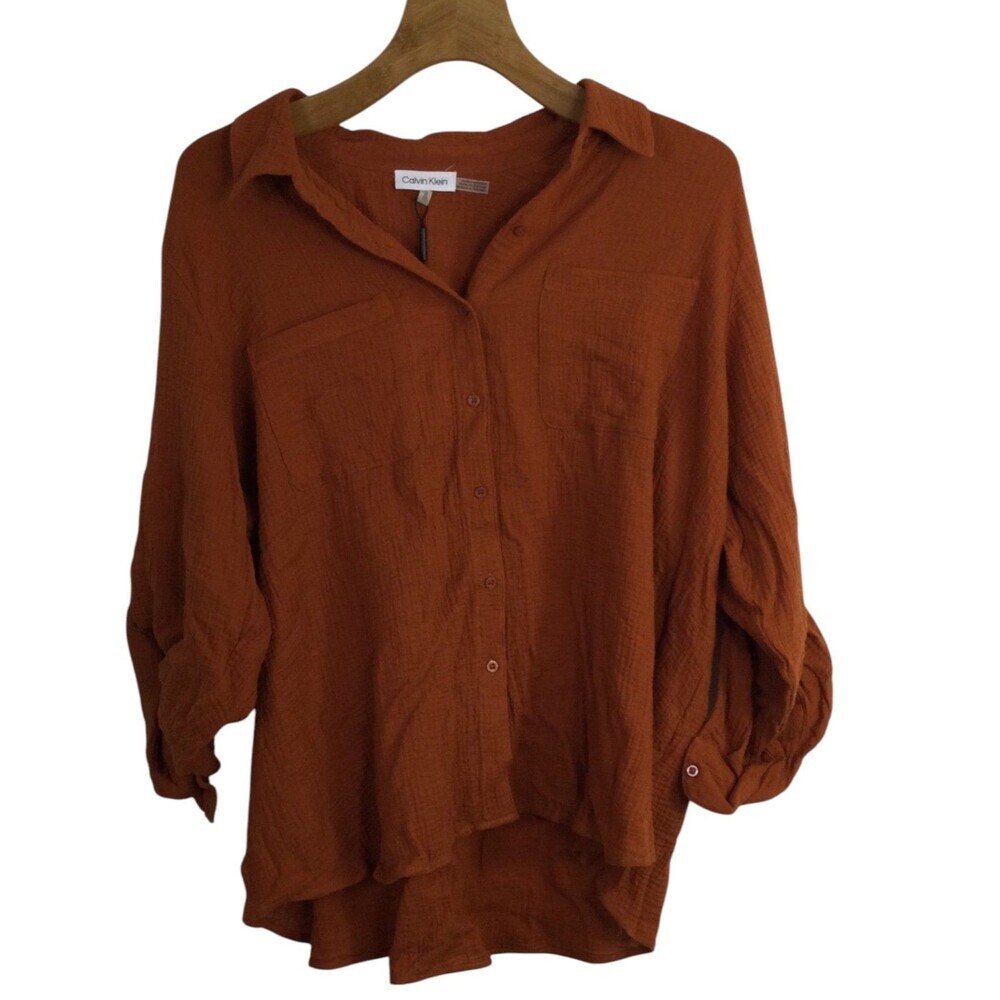 Calvin Klein Womens Button-Up Top Cotton Roll-Tab Sleeves Orange Size 1X NWT